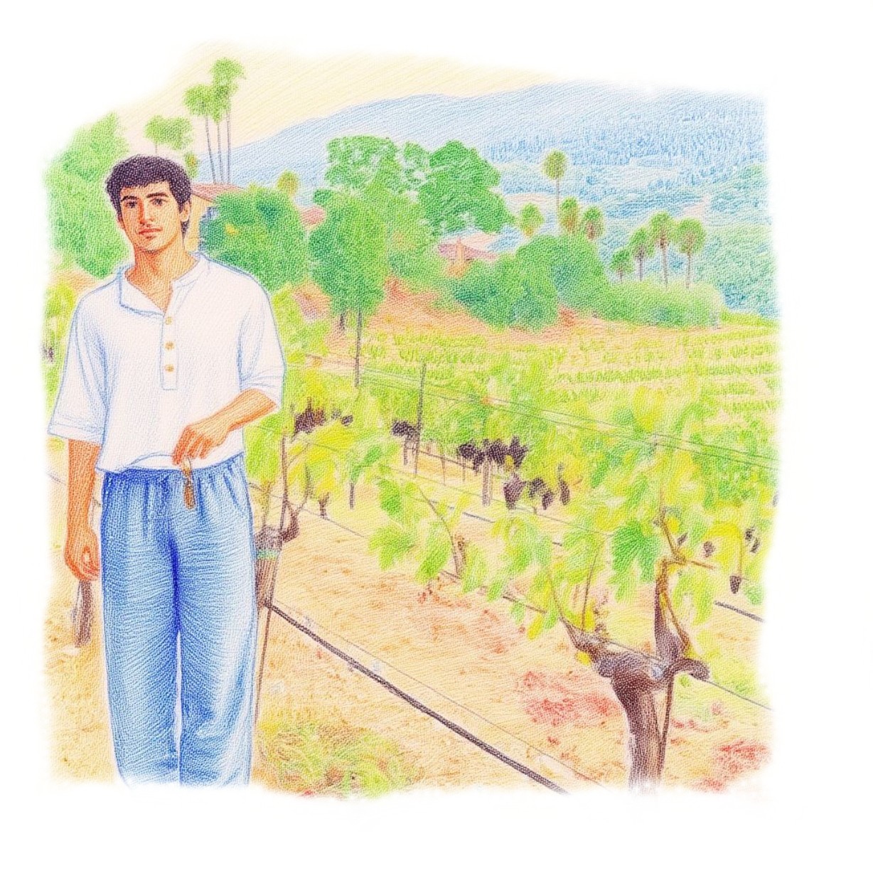 Colored-pencil style drawing of Arya in a vineyard landscape